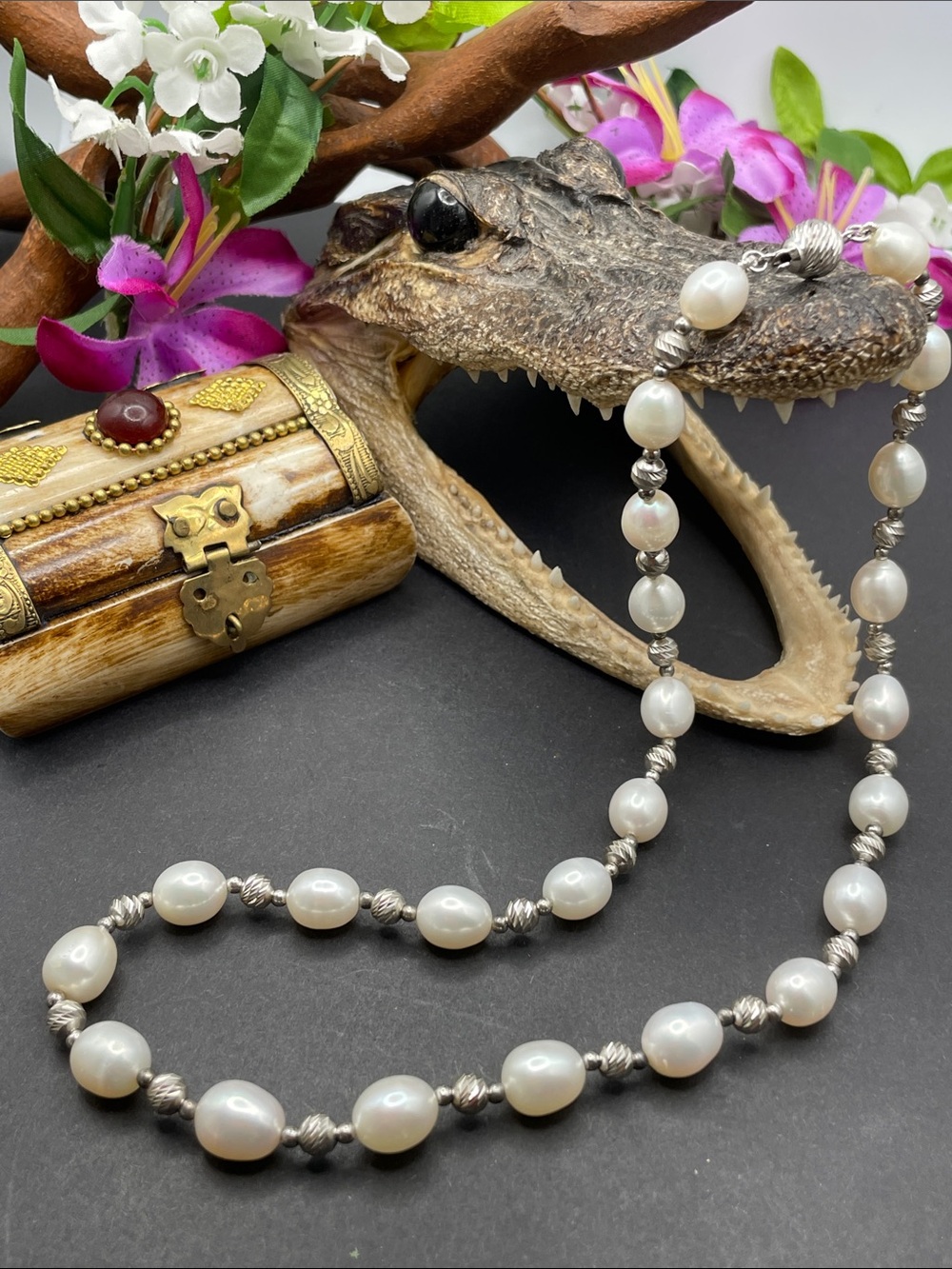 Cultured white pearls 925 necklace vintage A57